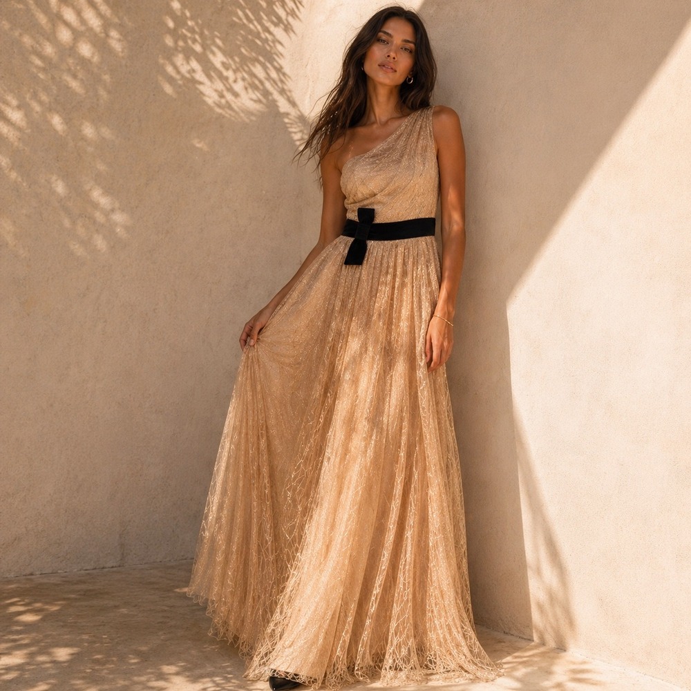 Marchesa Notte 12 Gold Tulle One Shoulder Gown Wedding Guest Formal